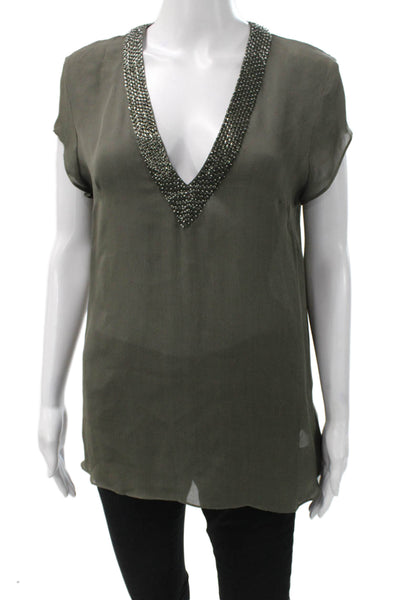 Parker Womens Silk V-Neck Tunic Blouse Green Short Sleeve Size M