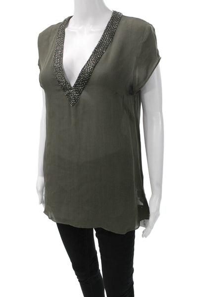 Parker Womens Silk V-Neck Tunic Blouse Green Short Sleeve Size M