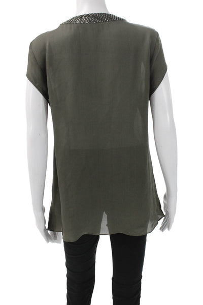 Parker Womens Silk V-Neck Tunic Blouse Green Short Sleeve Size M