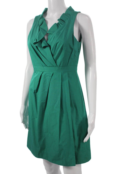 J Crew Womens Fit & Flare Dress Green V Neck Sleeveless Petite Size 6