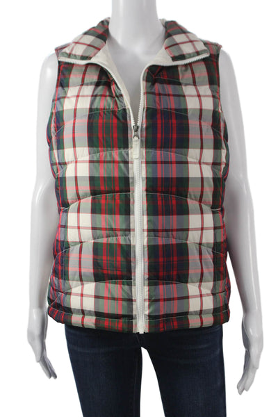 Lands End Womens White Plaid Polyester Zipper Vest Jacket Size S