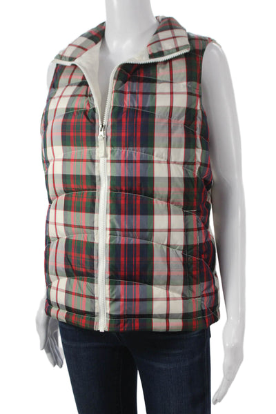 Lands End Womens White Plaid Polyester Zipper Vest Jacket Size S
