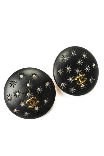 Chanel Womens Black Wood Gold Tone + Glass Starburst ClipOn Disc Earrings