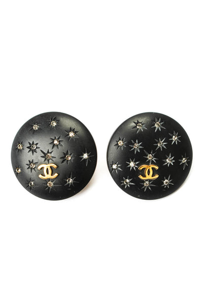 Chanel Womens Black Wood Gold Tone + Glass Starburst ClipOn Disc Earrings
