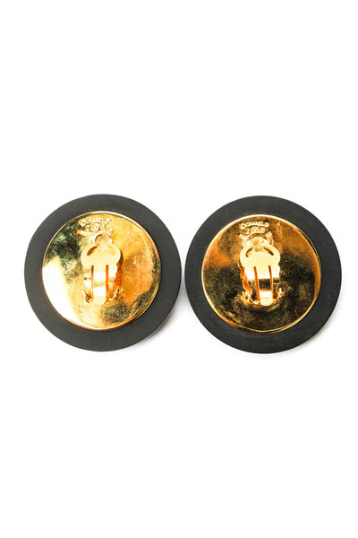 Chanel Womens Black Wood Gold Tone + Glass Starburst ClipOn Disc Earrings