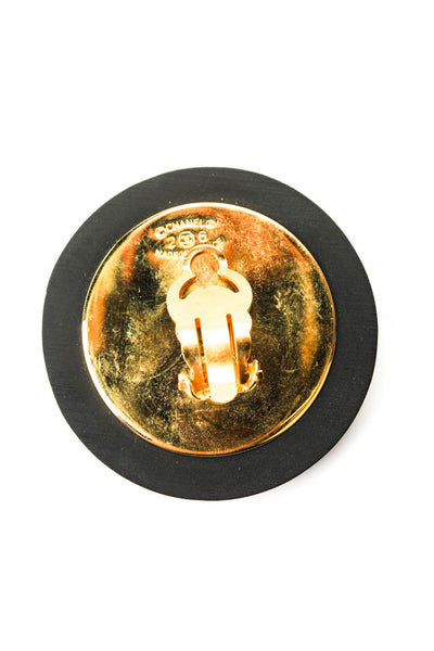 Chanel Womens Black Wood Gold Tone + Glass Starburst ClipOn Disc Earrings