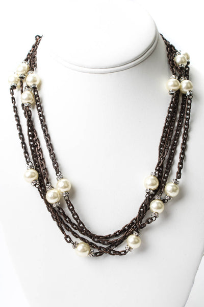 Chanel Womens Silver Tone Imitation Pearl + Glass Station Necklace 80"