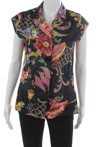 Muze Women Floral Cotton Collared Short Sleeve Blouse Size S