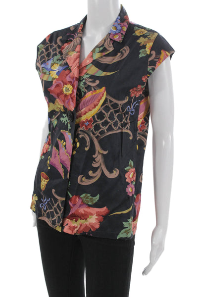 Muze Women Floral Cotton Collared Short Sleeve Blouse Size S