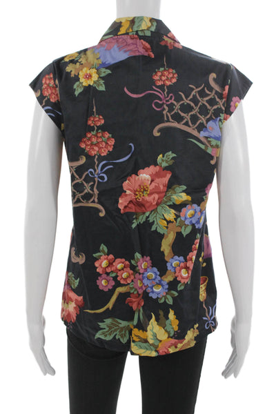 Muze Women Floral Cotton Collared Short Sleeve Blouse Size S