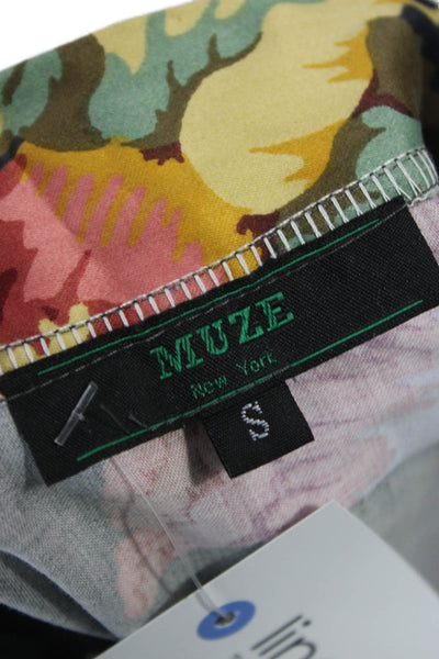 Muze Women Floral Cotton Collared Short Sleeve Blouse Size S