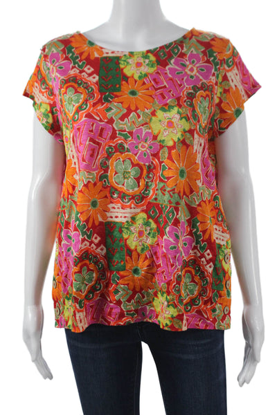 Nicole Miller Womens Floral Linen Basic T-Shirt Round Neck Sleeveless Size M
