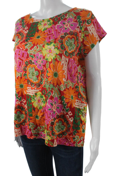 Nicole Miller Womens Floral Linen Basic T-Shirt Round Neck Sleeveless Size M