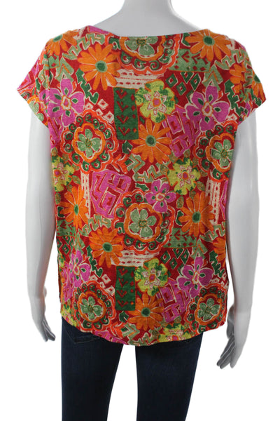 Nicole Miller Womens Floral Linen Basic T-Shirt Round Neck Sleeveless Size M