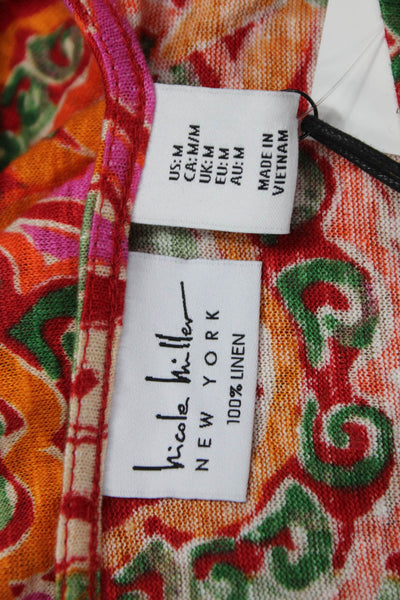 Nicole Miller Womens Floral Linen Basic T-Shirt Round Neck Sleeveless Size M