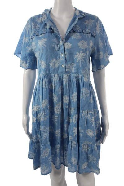 Ro's Garden Women Shirt Dress Blue Floral Button Short Sleeve Cotton Size S