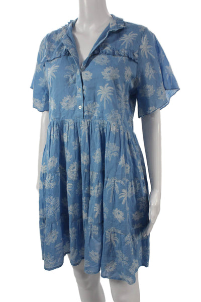 Ro's Garden Women Shirt Dress Blue Floral Button Short Sleeve Cotton Size S