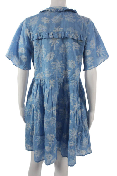 Ro's Garden Women Shirt Dress Blue Floral Button Short Sleeve Cotton Size S
