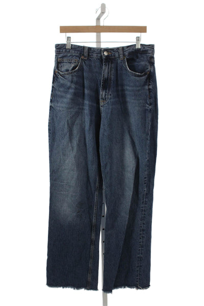 Zara Women Blue High Rise Cotton Blend Straight Jeans Button Size 12
