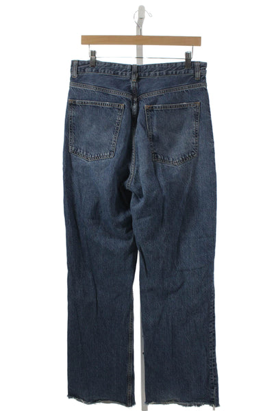 Zara Women Blue High Rise Cotton Blend Straight Jeans Button Size 12