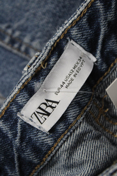 Zara Women Blue High Rise Cotton Blend Straight Jeans Button Size 12