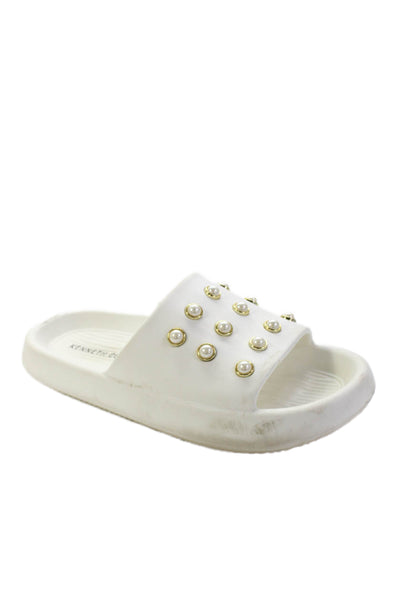 Kenneth Cole Womens Faux Pearl Studded Slide Sandals White Size 10