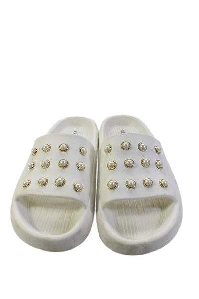 Kenneth Cole Womens Faux Pearl Studded Slide Sandals White Size 10
