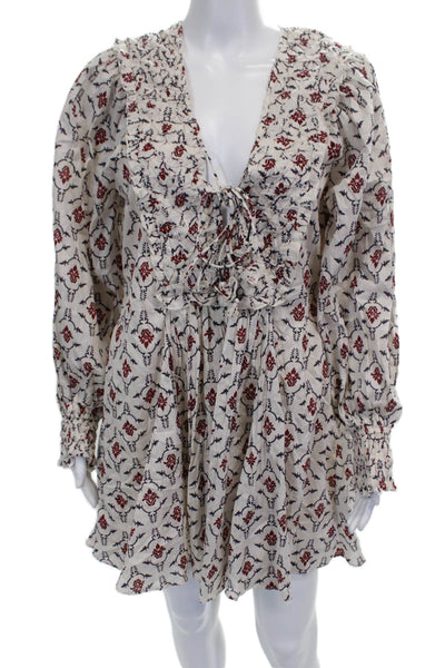 Zara Womens Mini Boho Floral V Neck Lace Up Cotton Long Sleeve Dress Size S