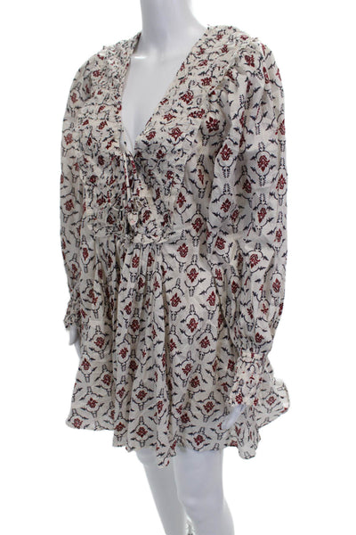 Zara Womens Mini Boho Floral V Neck Lace Up Cotton Long Sleeve Dress Size S