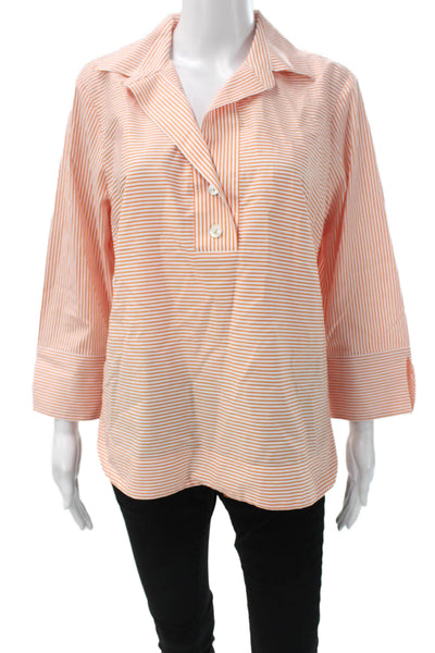 Hinson Wu Womens Tunic Blouse Orange Striped Collared 3/4 Sleeve Size 8