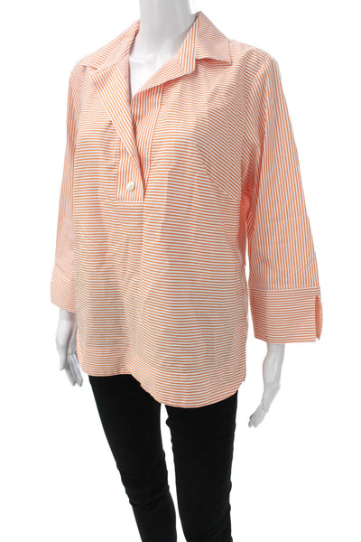Hinson Wu Womens Tunic Blouse Orange Striped Collared 3/4 Sleeve Size 8