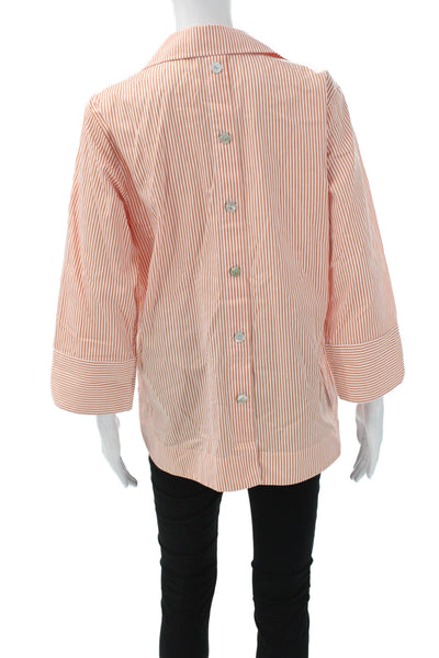 Hinson Wu Womens Tunic Blouse Orange Striped Collared 3/4 Sleeve Size 8