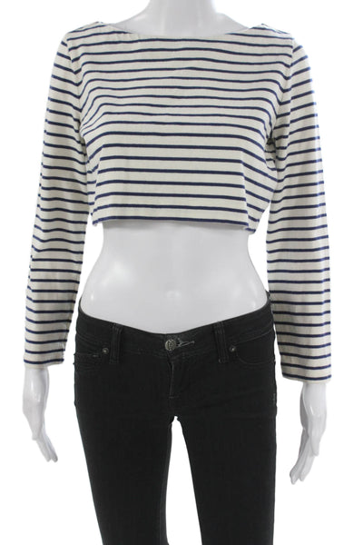 J Crew Womens White Striped Boatneck Cropped Long Sleeve T-Shirt Size 2XS