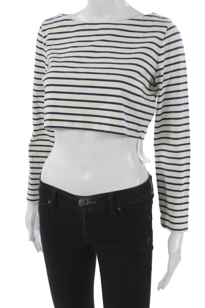 J Crew Womens White Striped Boatneck Cropped Long Sleeve T-Shirt Size 2XS