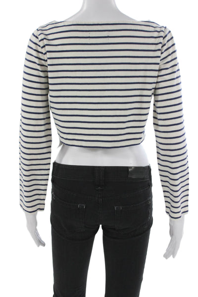 J Crew Womens White Striped Boatneck Cropped Long Sleeve T-Shirt Size 2XS
