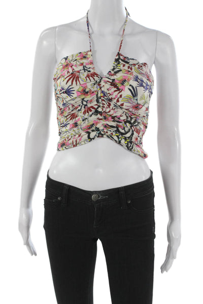 Maria Cher Womens Cropped Silk Halter Tank Floral Sleeveless Zip Multi Size XS