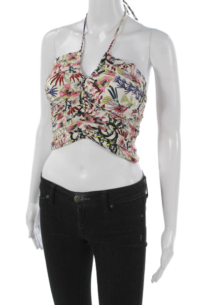 Maria Cher Womens Cropped Silk Halter Tank Floral Sleeveless Zip Multi Size XS
