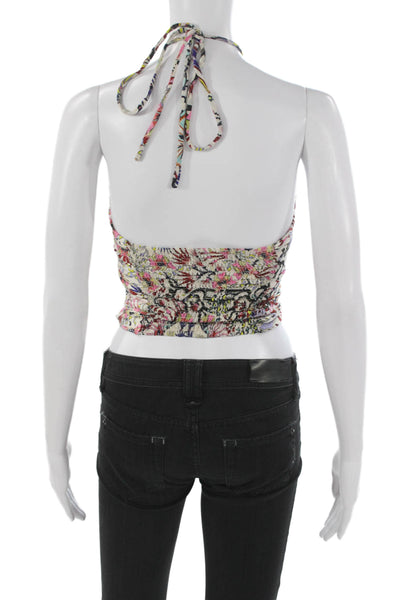 Maria Cher Womens Cropped Silk Halter Tank Floral Sleeveless Zip Multi Size XS