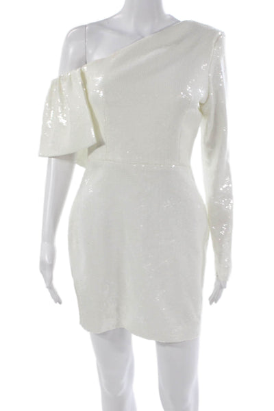Alex Perry Women Mini One Shoulder Dress White Long Sleeve Zip Size 10