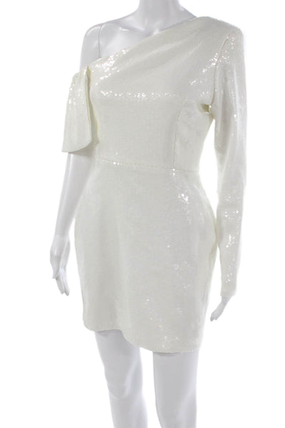 Alex Perry Women Mini One Shoulder Dress White Long Sleeve Zip Size 10