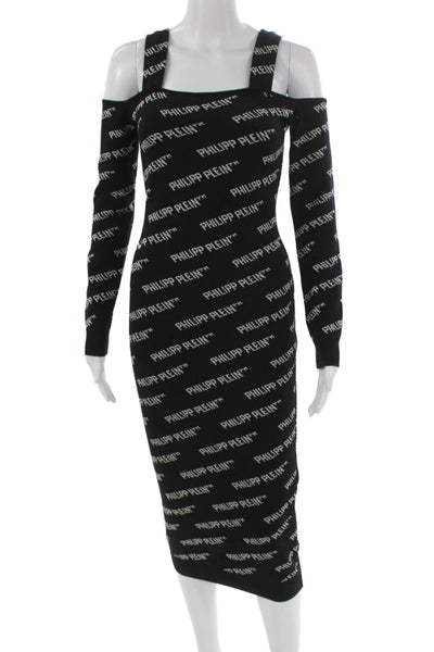 Philipp Plein Women Bodycon Dress Black Square Neck Long Sleeve Mid Calf Size S