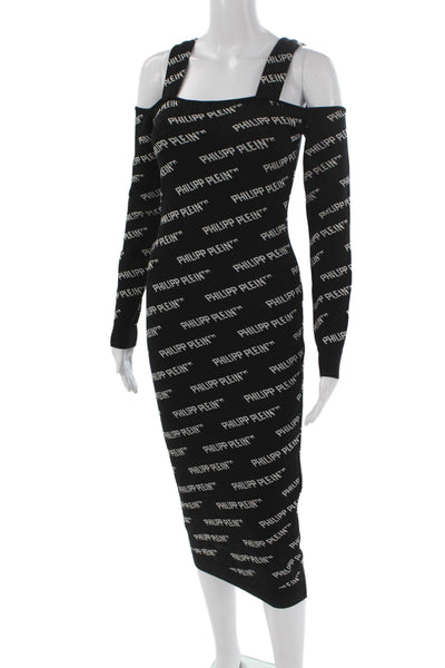 Philipp Plein Women Bodycon Dress Black Square Neck Long Sleeve Mid Calf Size S