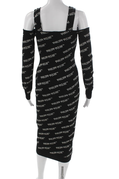 Philipp Plein Women Bodycon Dress Black Square Neck Long Sleeve Mid Calf Size S