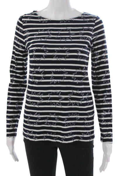 Boden Women Blue Cotton Boat Neck Striped Stars Long Sleeve T-Shirt Size 4