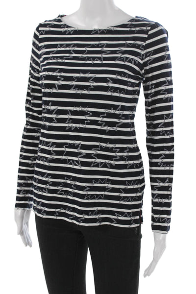 Boden Women Blue Cotton Boat Neck Striped Stars Long Sleeve T-Shirt Size 4