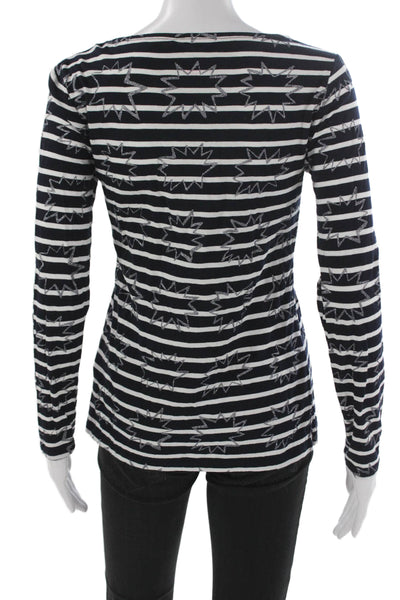 Boden Women Blue Cotton Boat Neck Striped Stars Long Sleeve T-Shirt Size 4