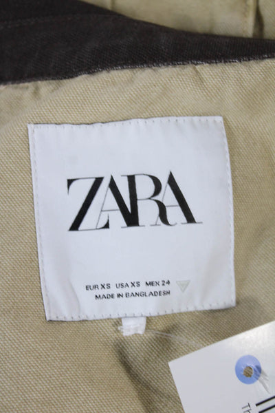 Zara Womens Basic Cotton Jacket Beige Button Long Sleeve Size XS