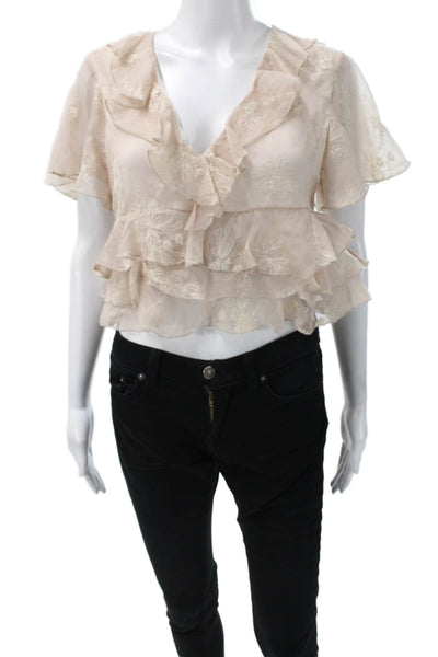 Zara Women Cropped Floral V-Neck Blouse Beige Polyester Short Sleeve Size XS