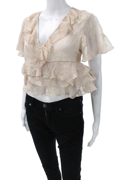 Zara Women Cropped Floral V-Neck Blouse Beige Polyester Short Sleeve Size XS