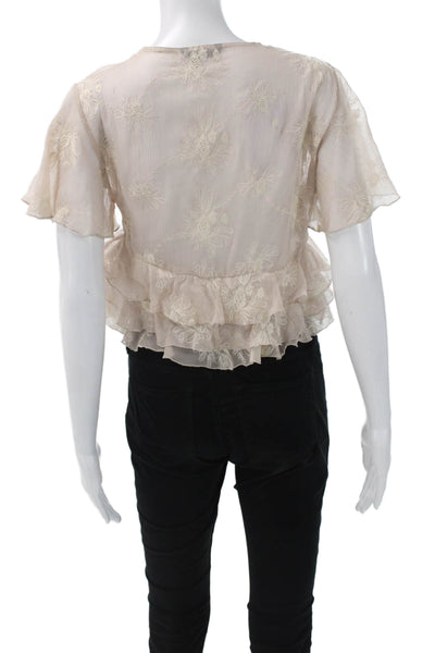 Zara Women Cropped Floral V-Neck Blouse Beige Polyester Short Sleeve Size XS